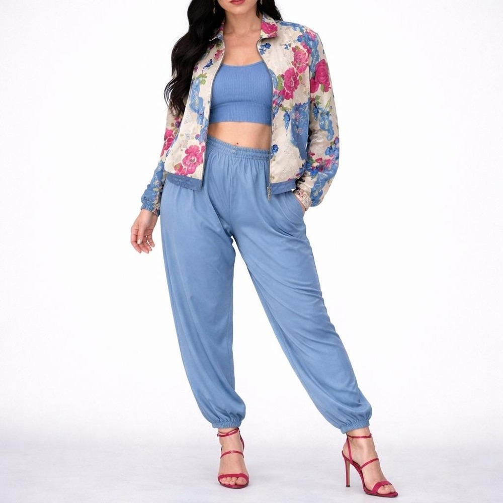 90s Vintage Silk Track Suit Womens L Floral Zip Jacket Tapered Pants Blue Set